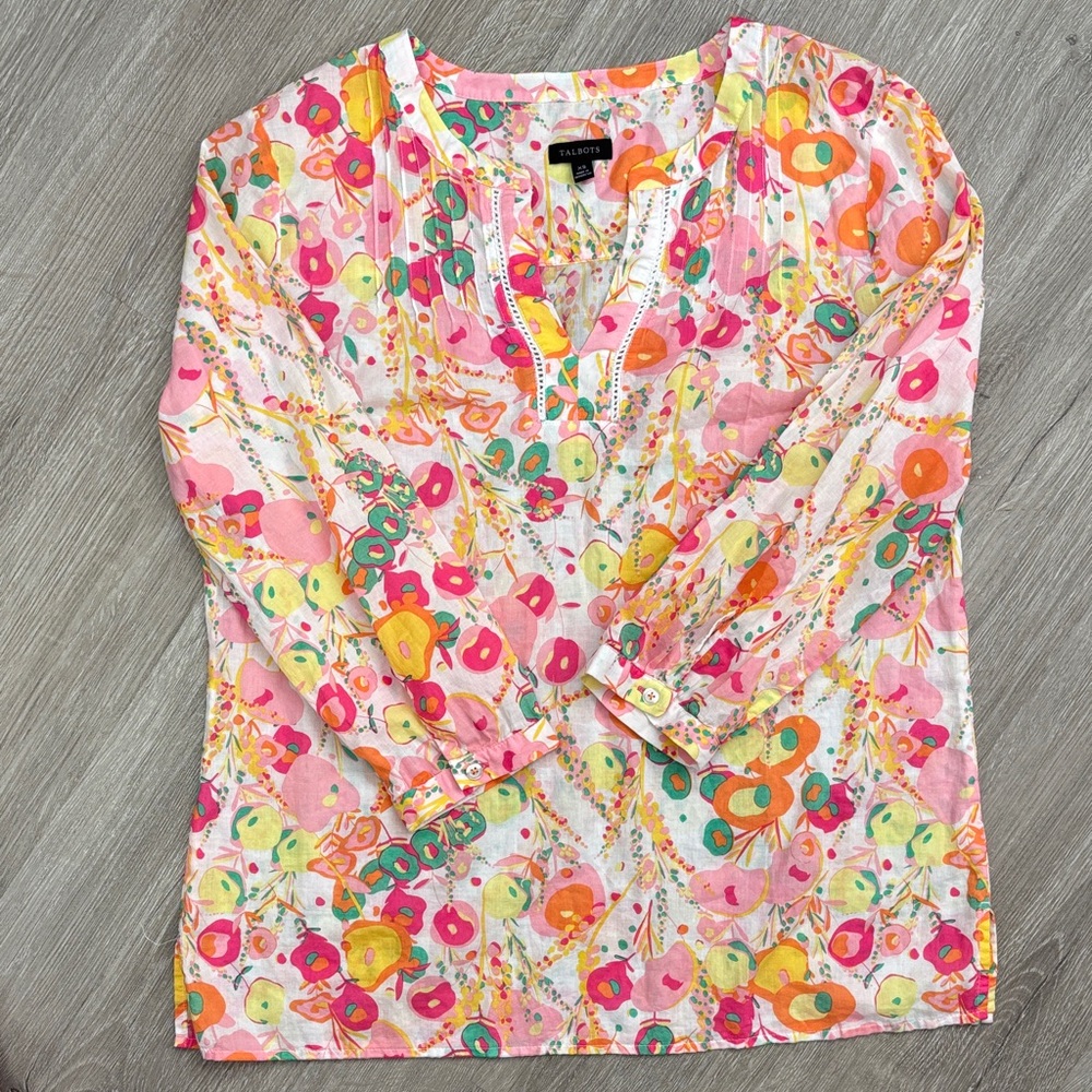 Talbots Floral Blouse in Pink, Orange, and Yellow